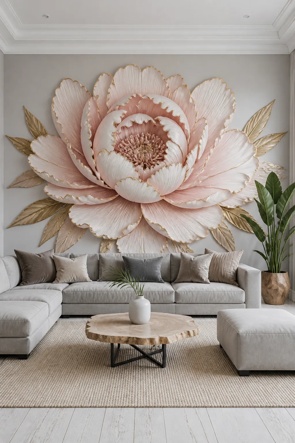 Elegant living room decorated with blush peony artwork and polished gold accents