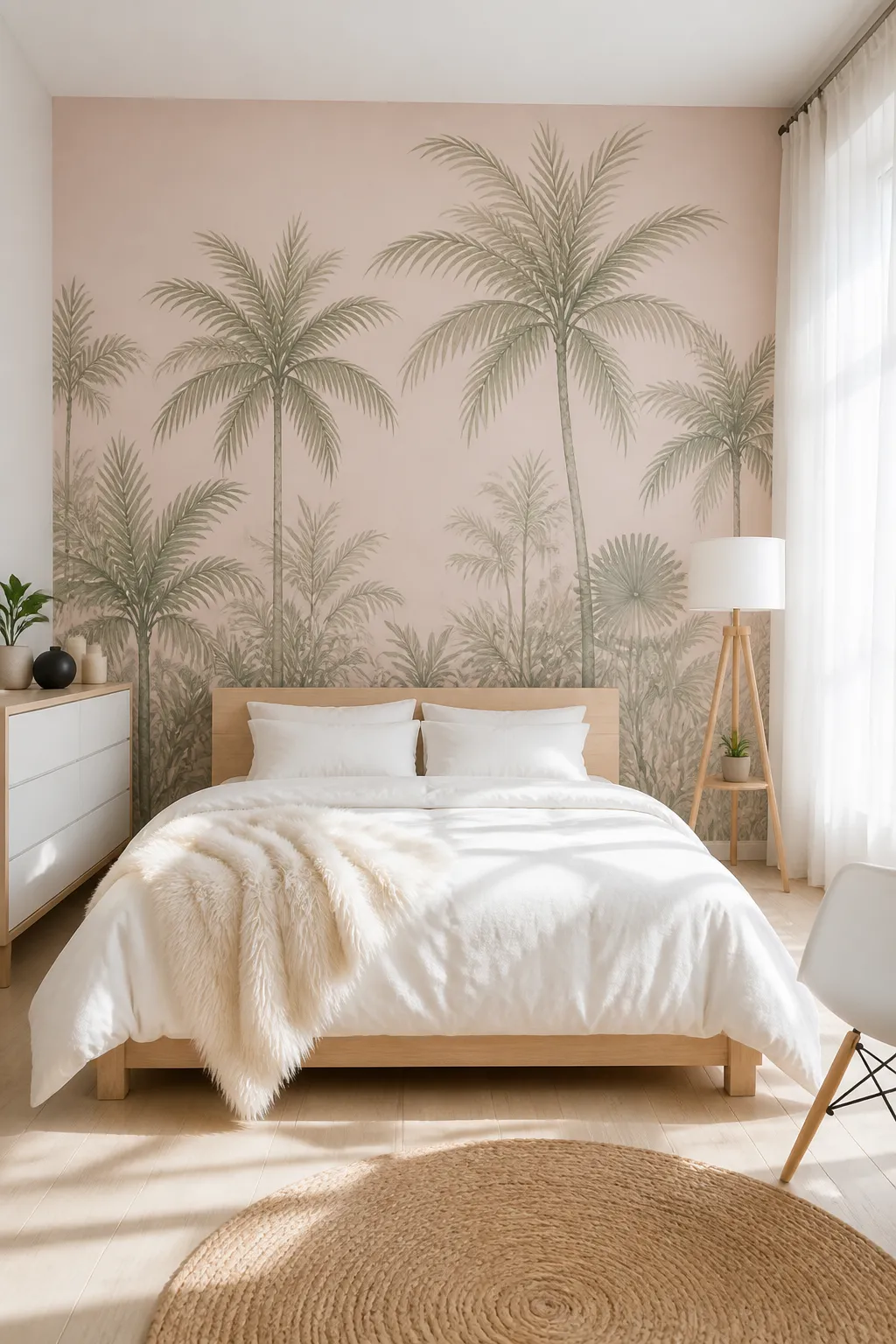 Soft bedroom featuring a blush pink palm mural behind a neutral upholstered bed
