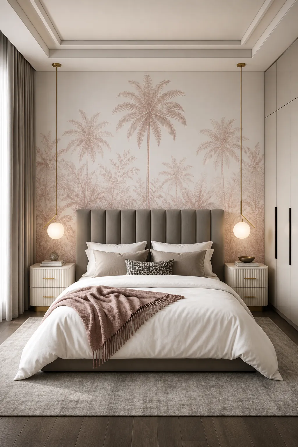 Elegant blush bedroom with a soft palm mural and refined gold accents