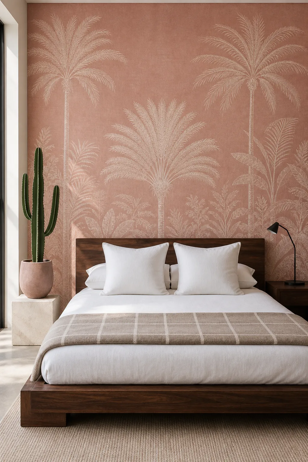Calm minimal bedroom with a tonal blush palm mural and understated neutral bedding