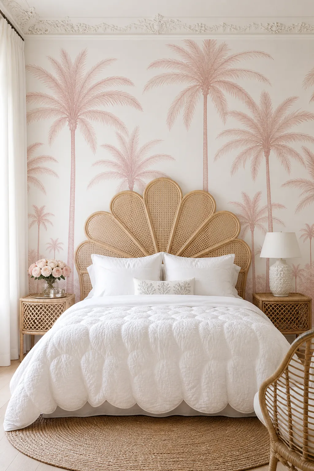 Romantic bedroom with blush palm tree wallpaper, rattan furniture, and soft layered bedding