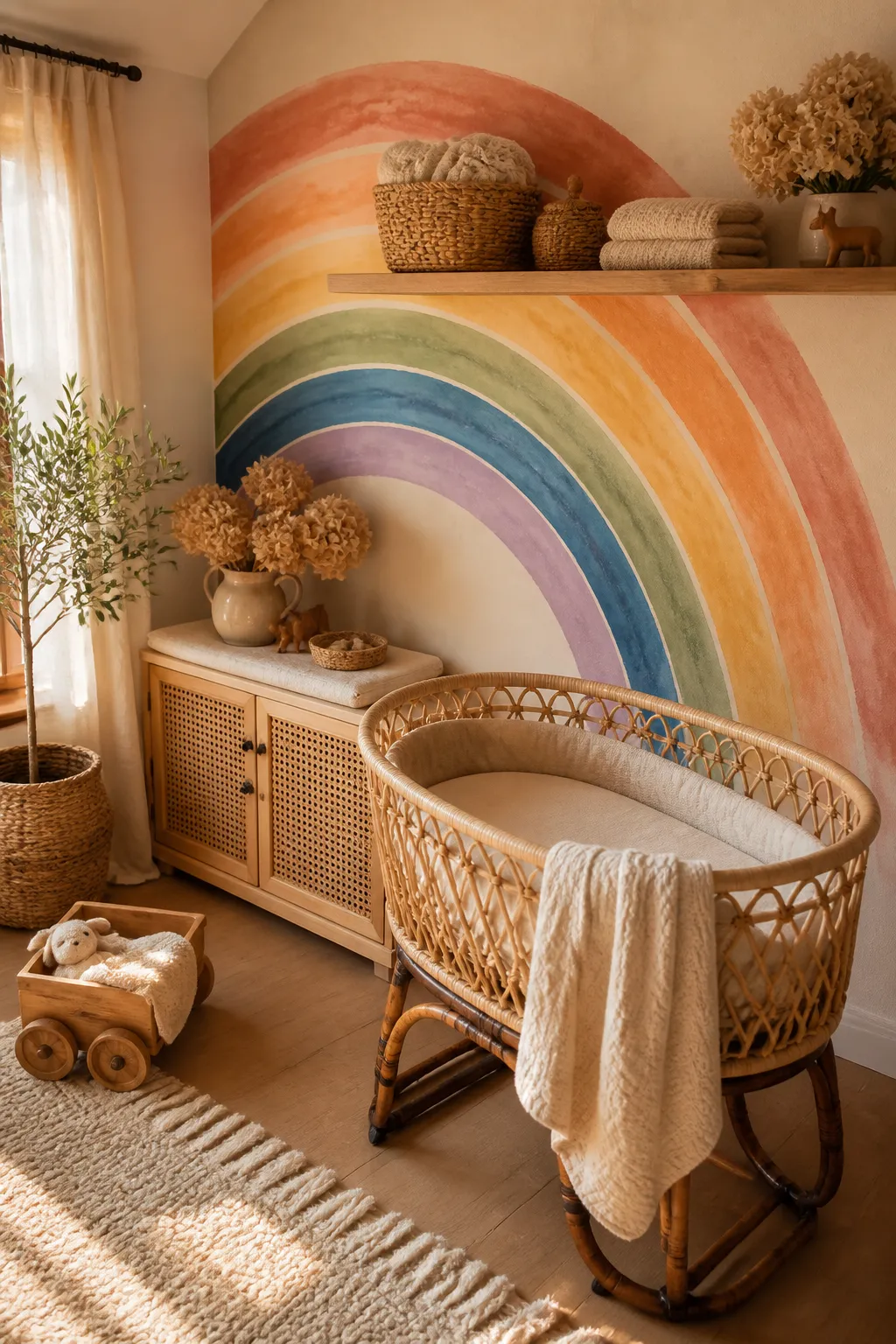 Cozy boho nursery with a muted rainbow mural and natural woven decor
