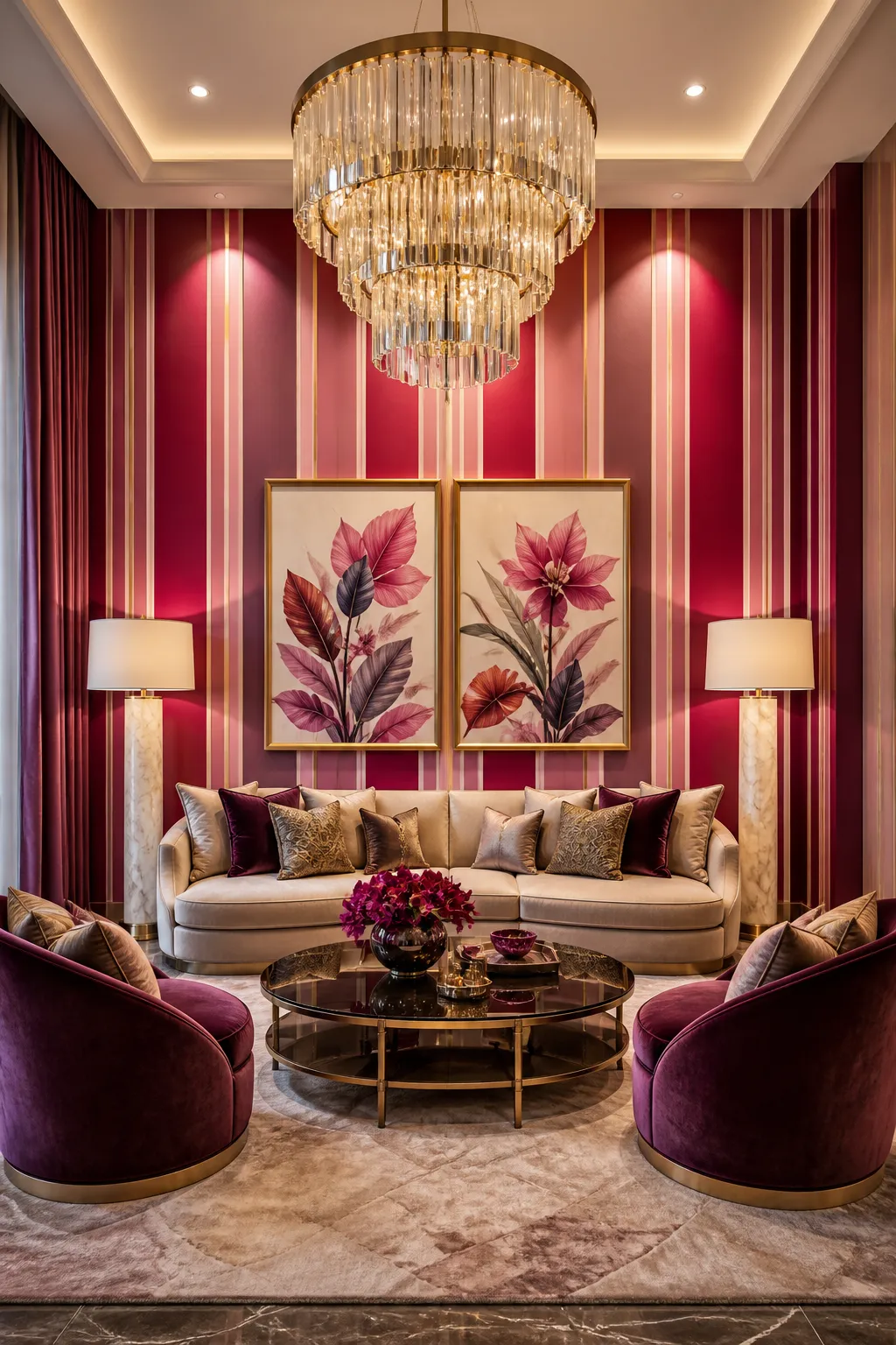 Glamorous living room featuring bold magenta striped wallpaper