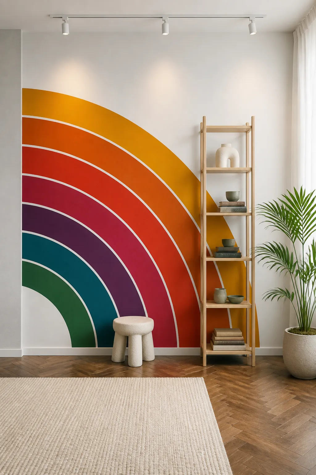 Modern room decorated with wide rainbow bands in bold saturated colors