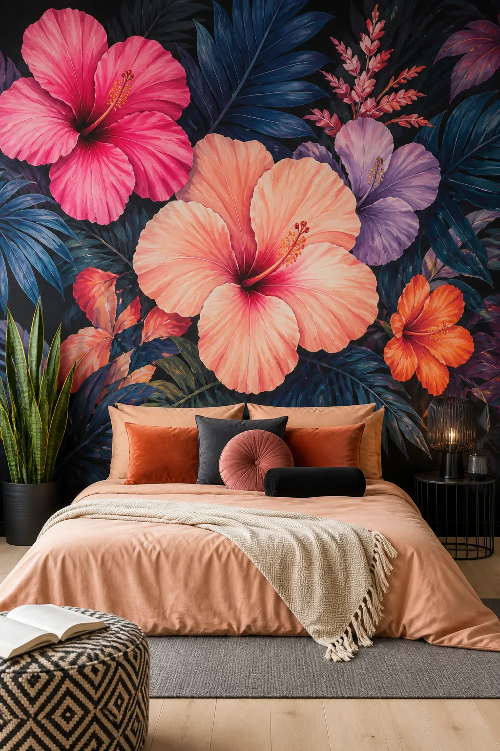 Vibrant tropical bedroom with bold pink hibiscus artwork and lush green accents