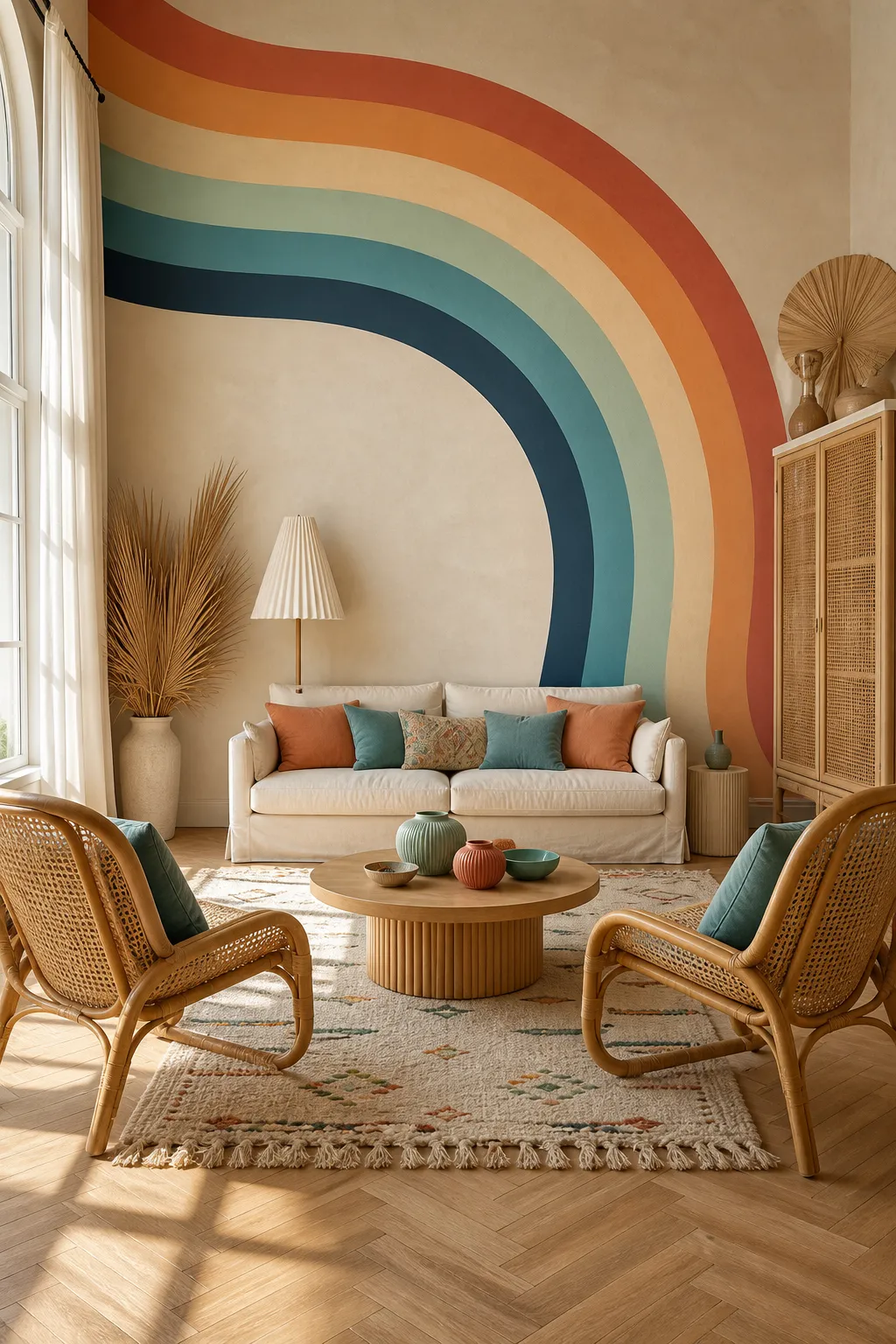 Colorful boho living room energized by a saturated retro rainbow mural