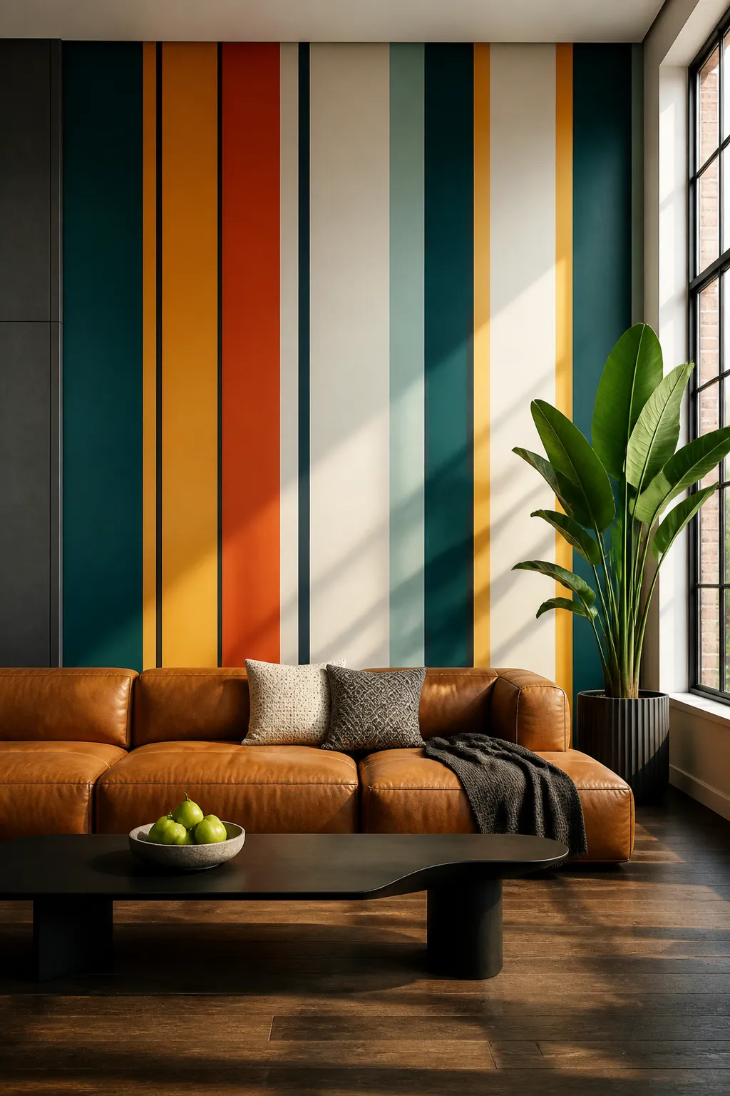 Social living room energized by bold retro wall bands in warm colors