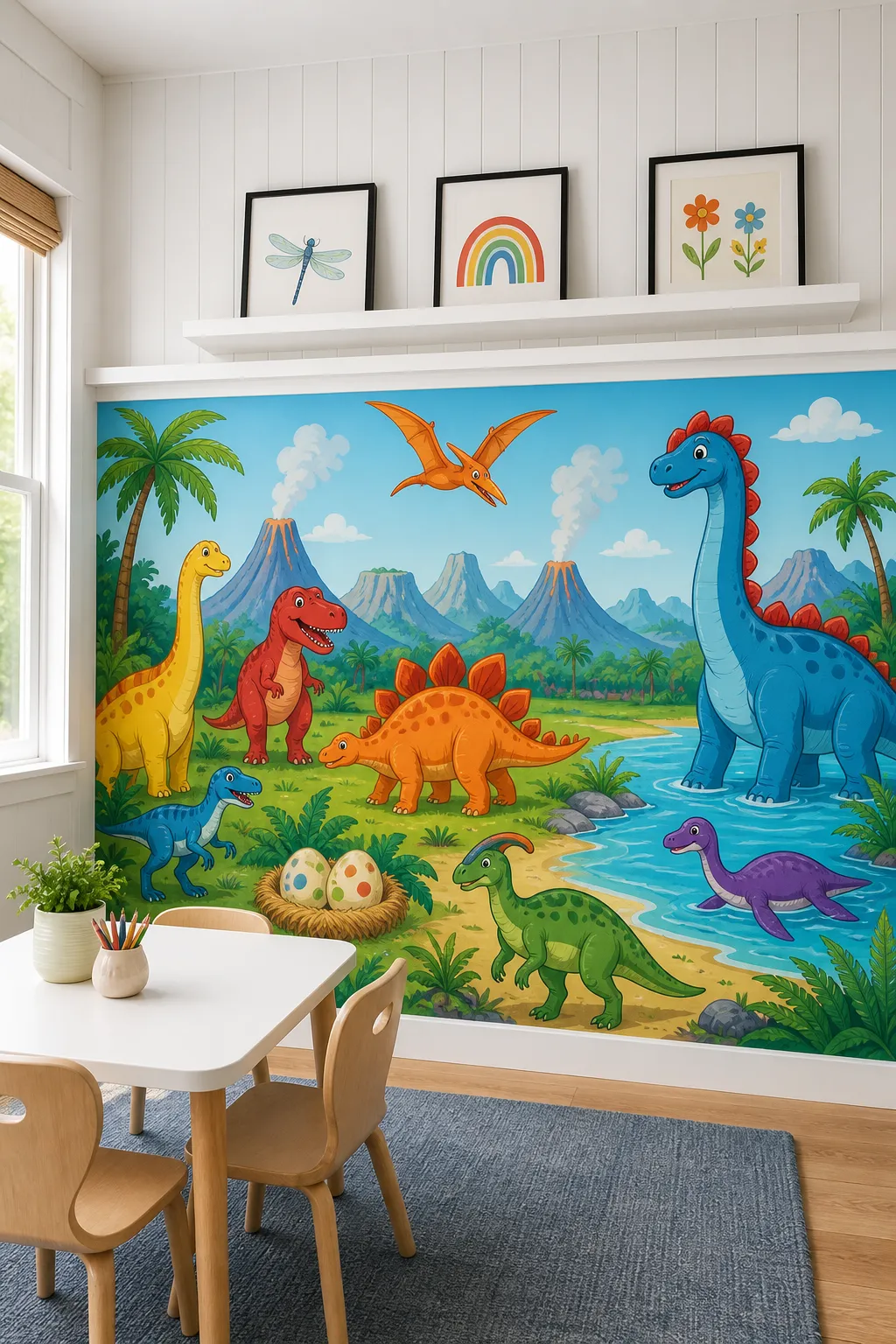 Colorful kids bedroom with a bright wall mural of playful cartoon dinosaurs