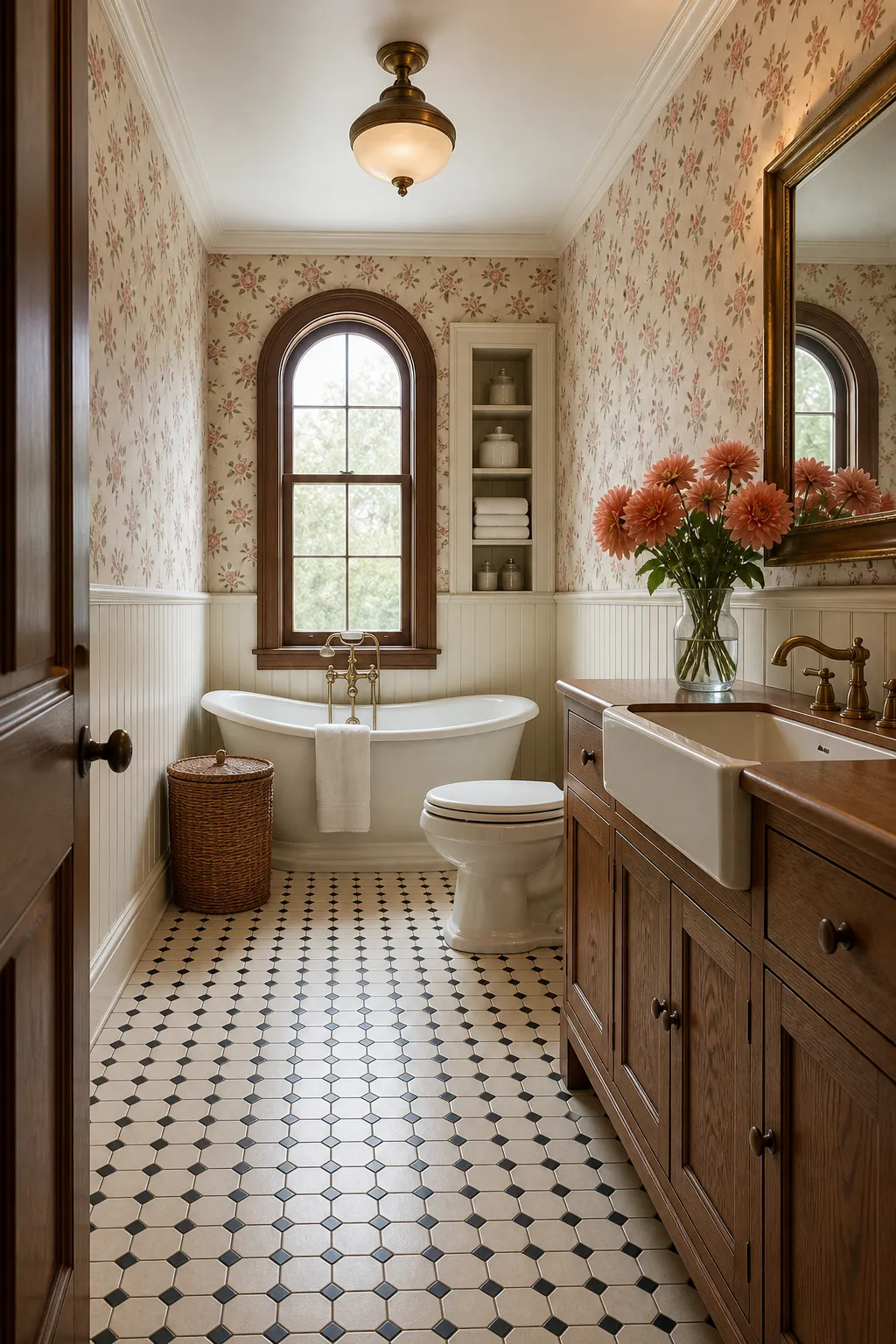Bright cottage bathroom with cheerful multicolored floral wallpaper