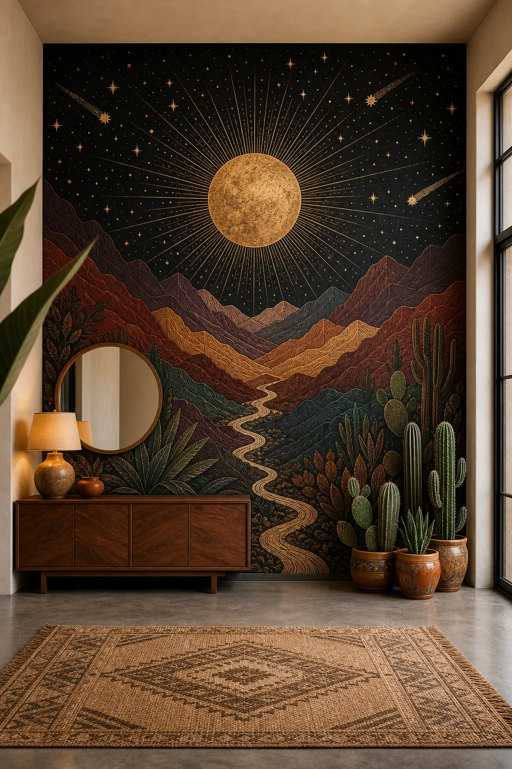 Earthy desert-inspired room with a warm sun motif, celestial accents, and natural textures