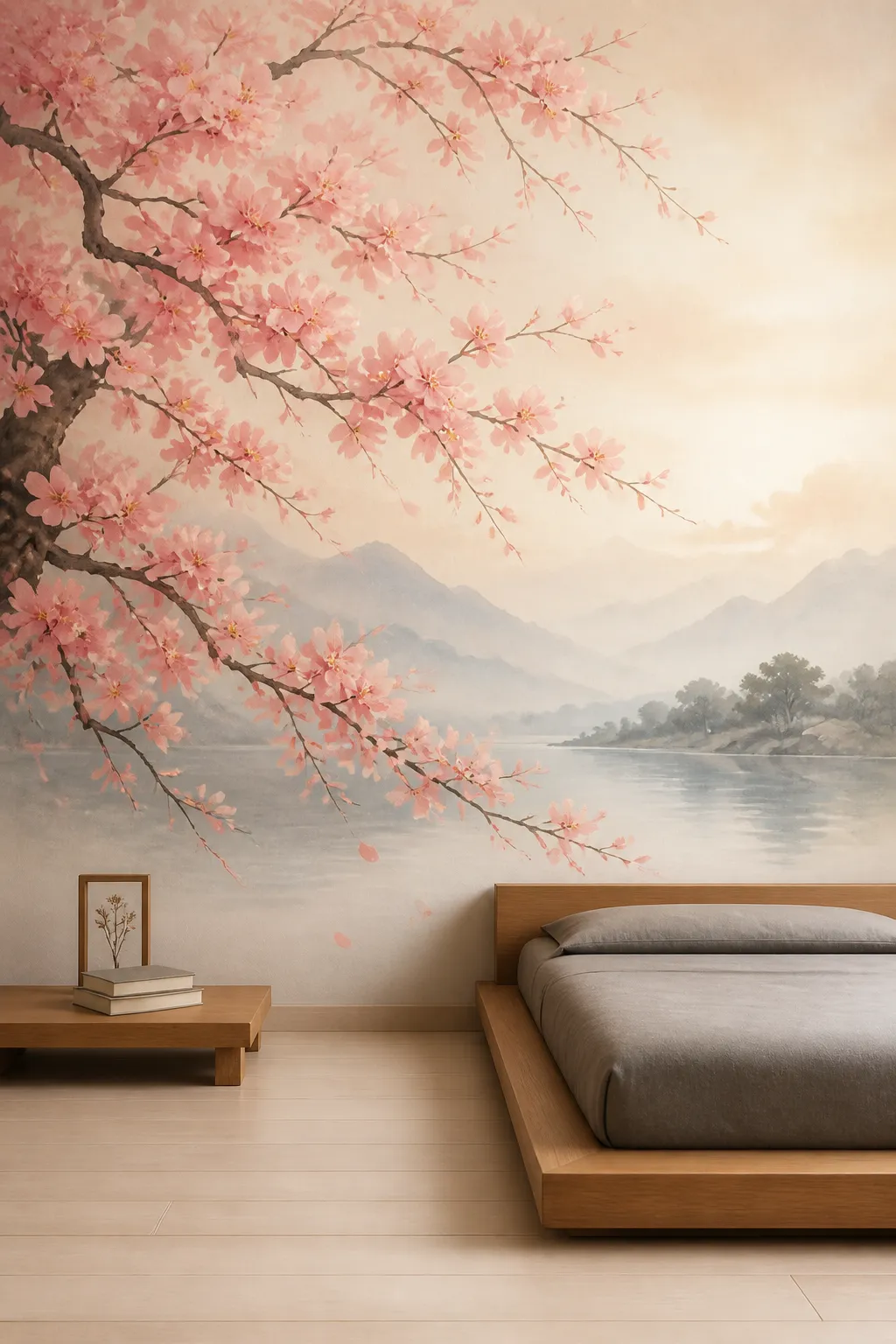 Zen-inspired bedroom with a delicate watercolor cherry blossom mural