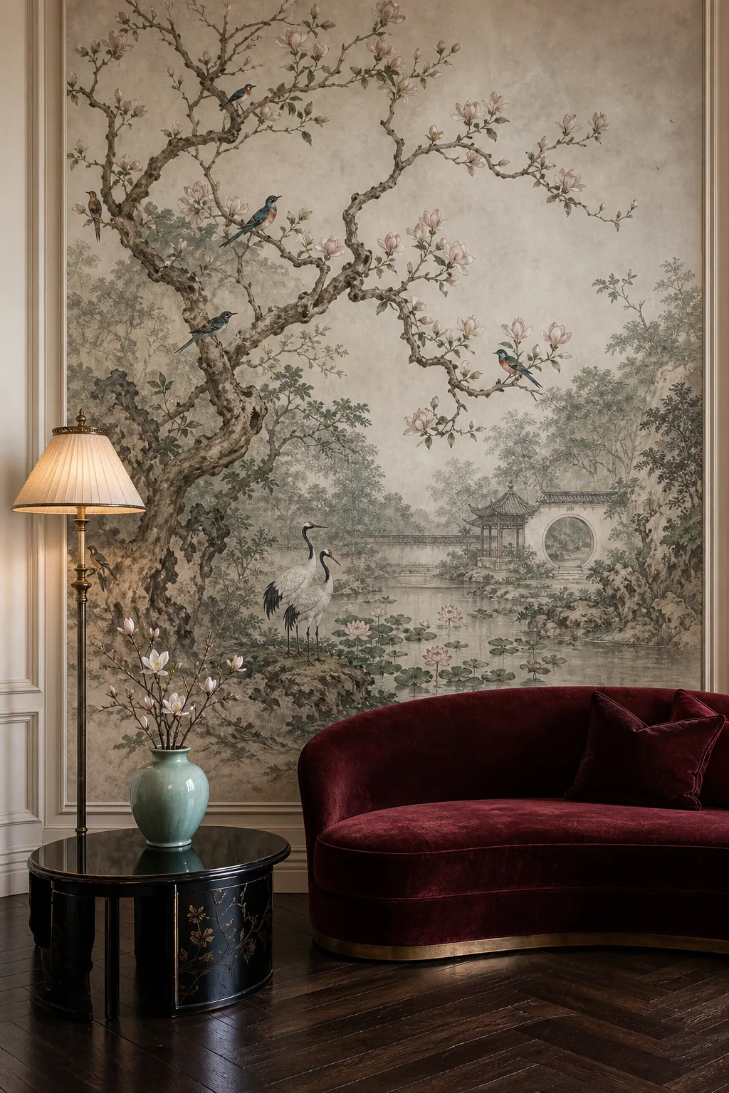 Refined lounge featuring a poetic Chinoiserie garden mural