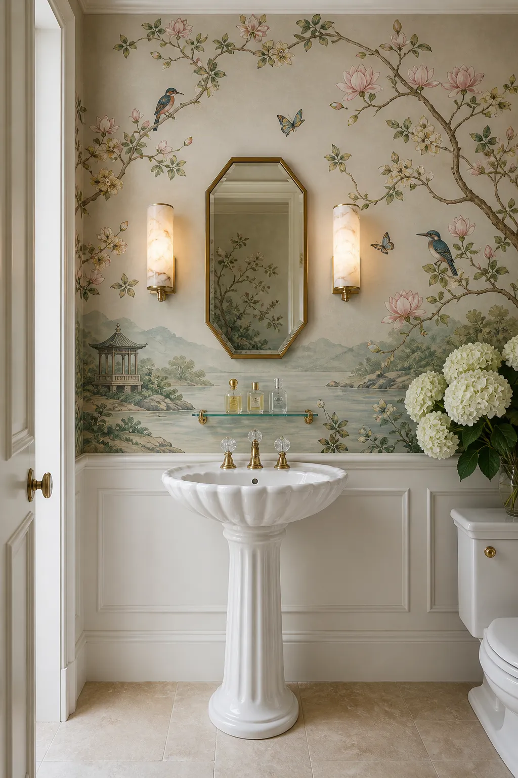 Vintage pedestal sink positioned against bird-filled chinoiserie wallpaper