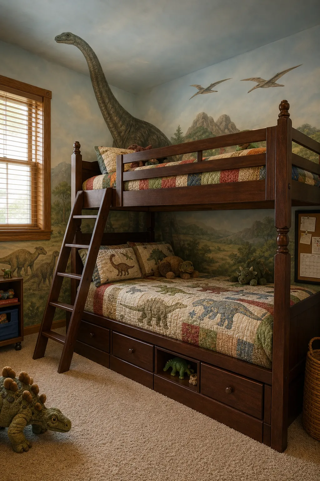 Warm wooden bunk beds positioned beside a classic prehistoric dinosaur mural