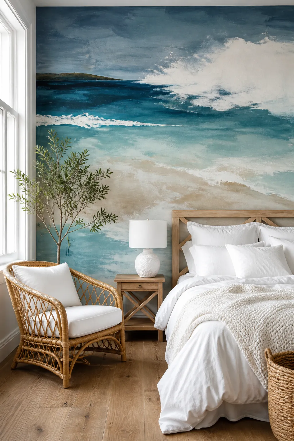 Coastal bedroom featuring a blue abstract ocean mural behind the bed