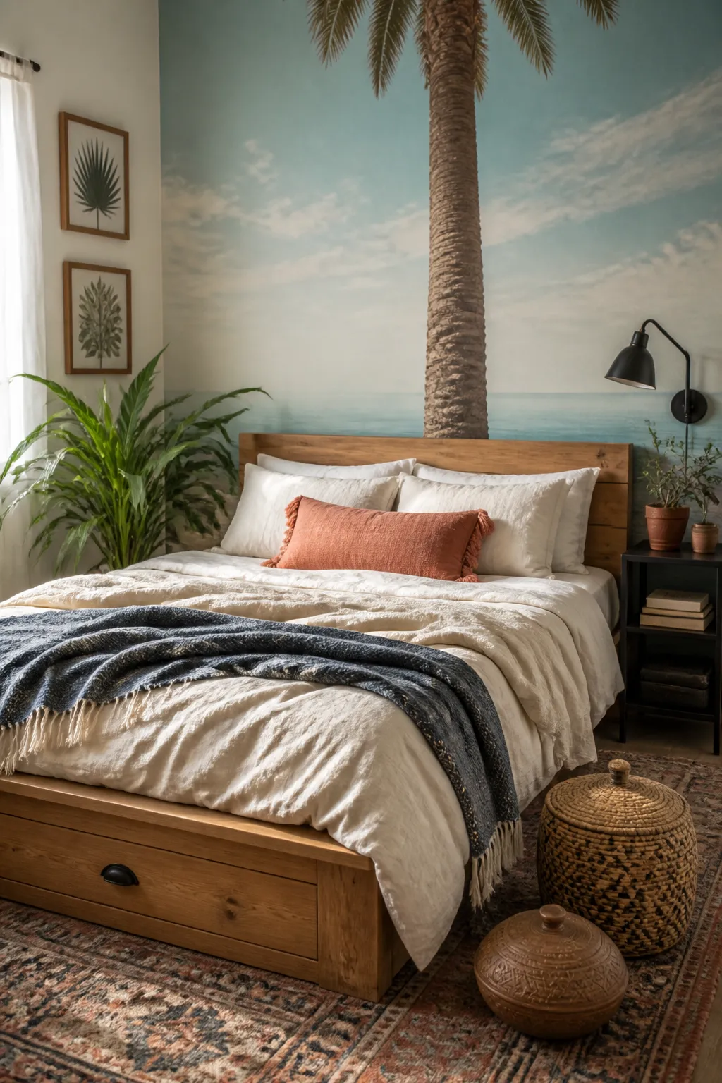 Relaxed boho bedroom with a coastal palm scene, woven decor, and casual layered bedding