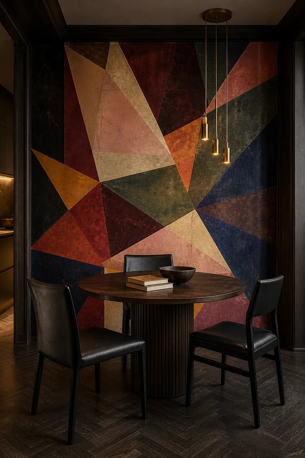 Dining nook decorated with colorful Cubist blocks and angular wall shapes