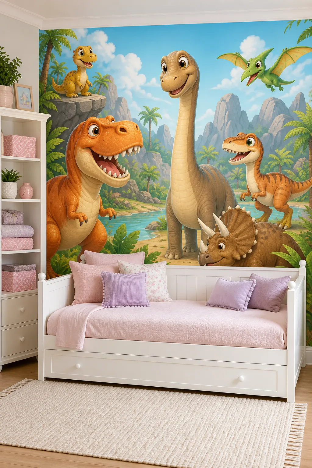 Colorful kids bedroom featuring cheerful cartoon dinosaurs and bright playful accents