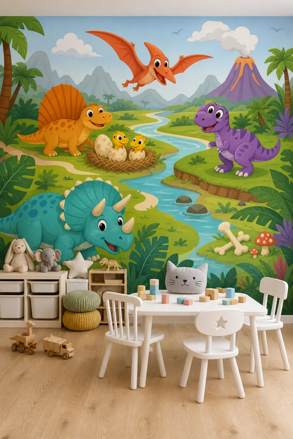Cheerful children’s playroom decorated with friendly cartoon dinosaurs and colorful playful accents