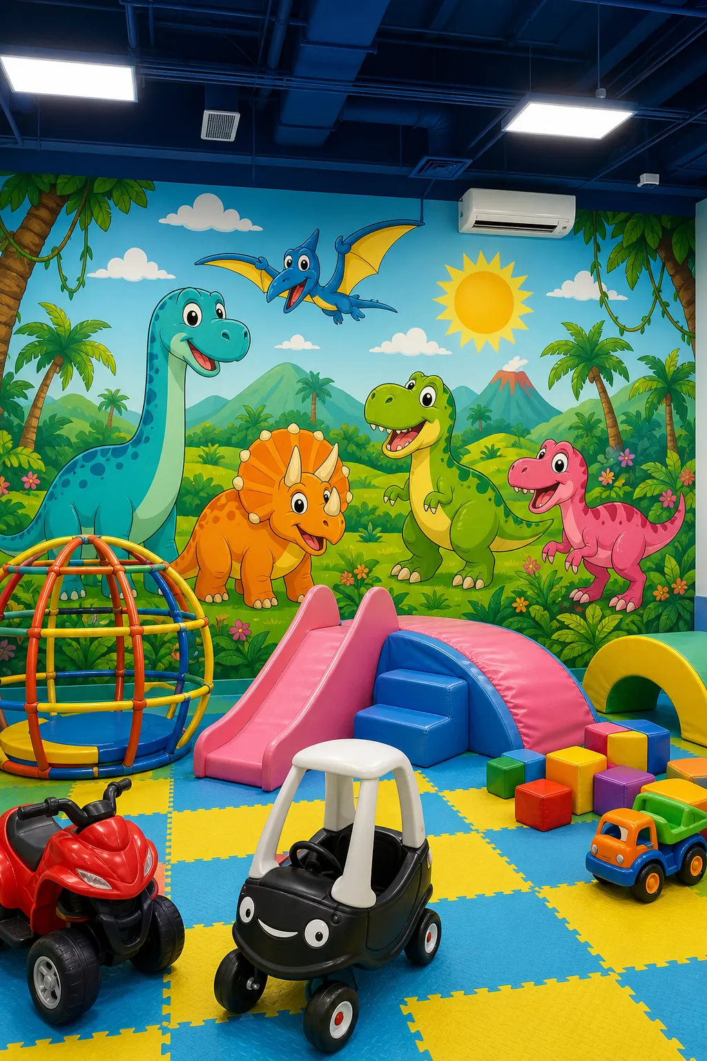 Cheerful kids playroom covered with colorful cartoon dinosaur wall art