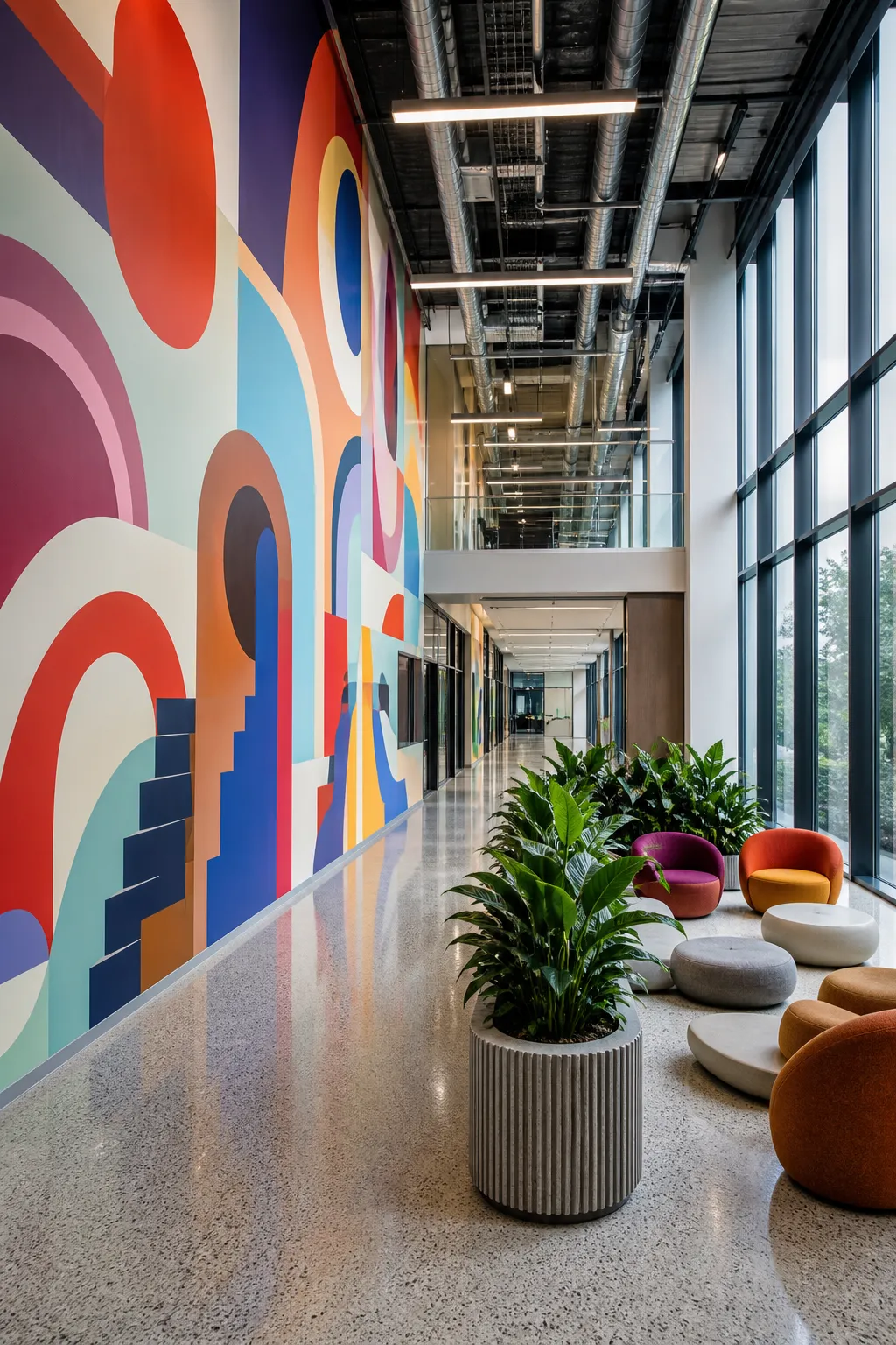 Corporate lobby featuring a lively abstract geometric mural in bright contrasting colors