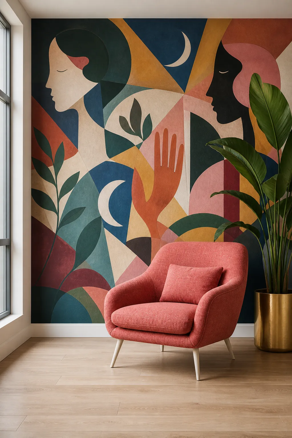 Creative reading nook with a colorful Cubist-inspired wall mural