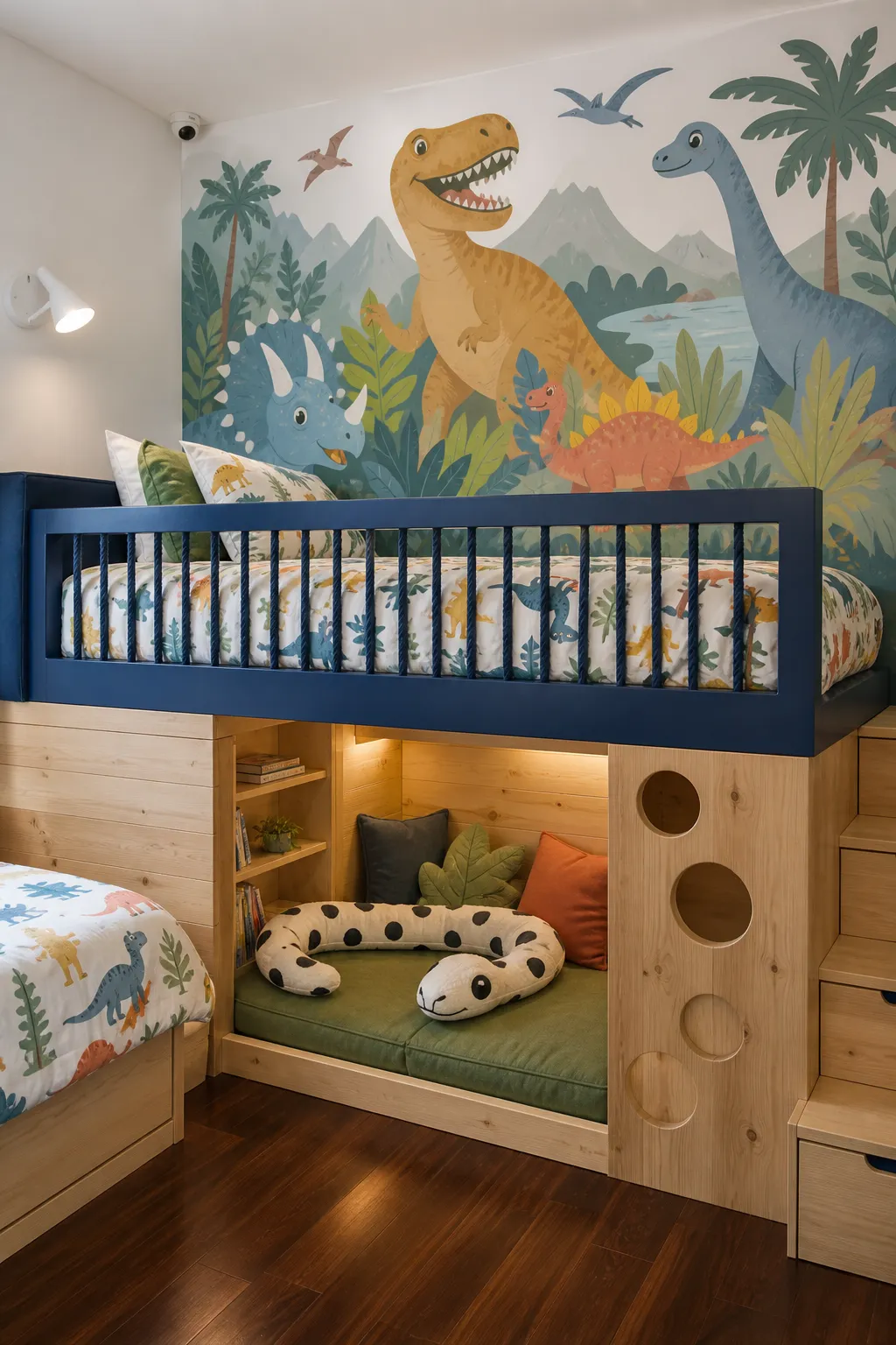 Loft bedroom with a bright and colorful prehistoric dinosaur mural
