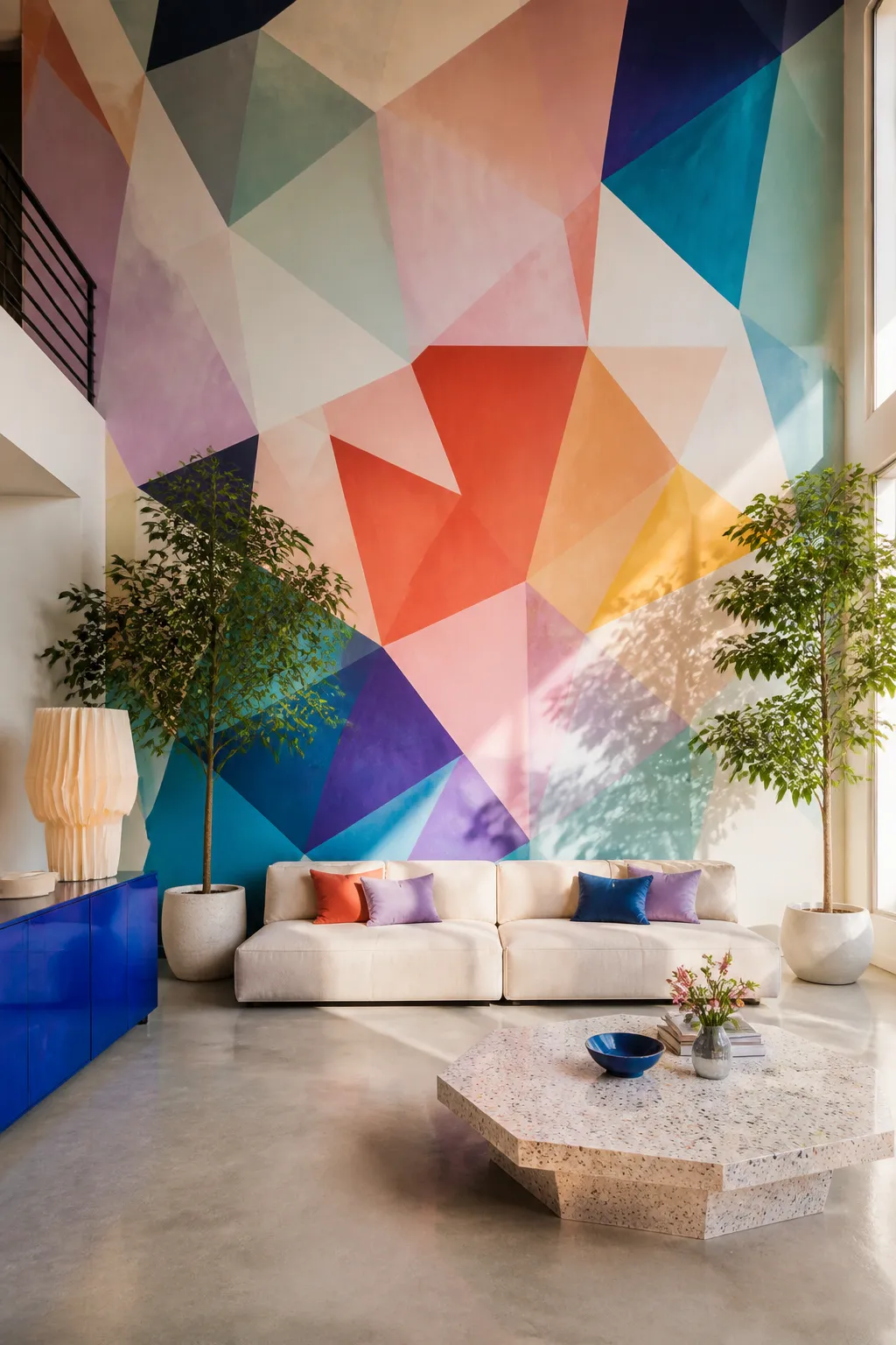 Living room energized by a bright multicolored faceted feature wall