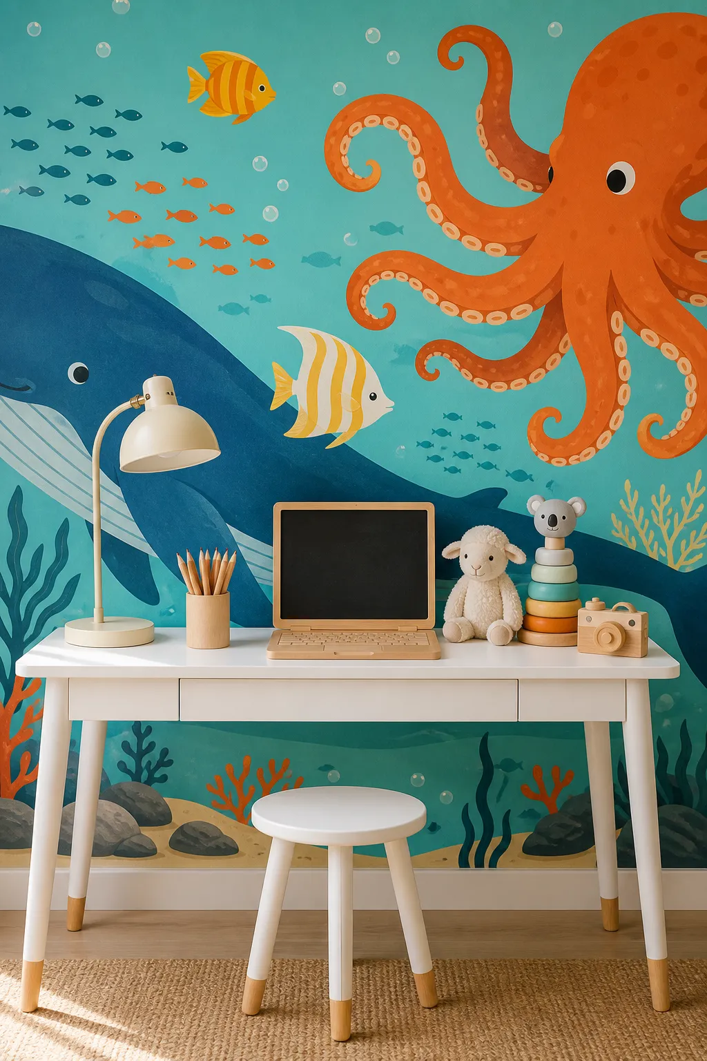 Kids desk area decorated with a colorful ocean creature mural