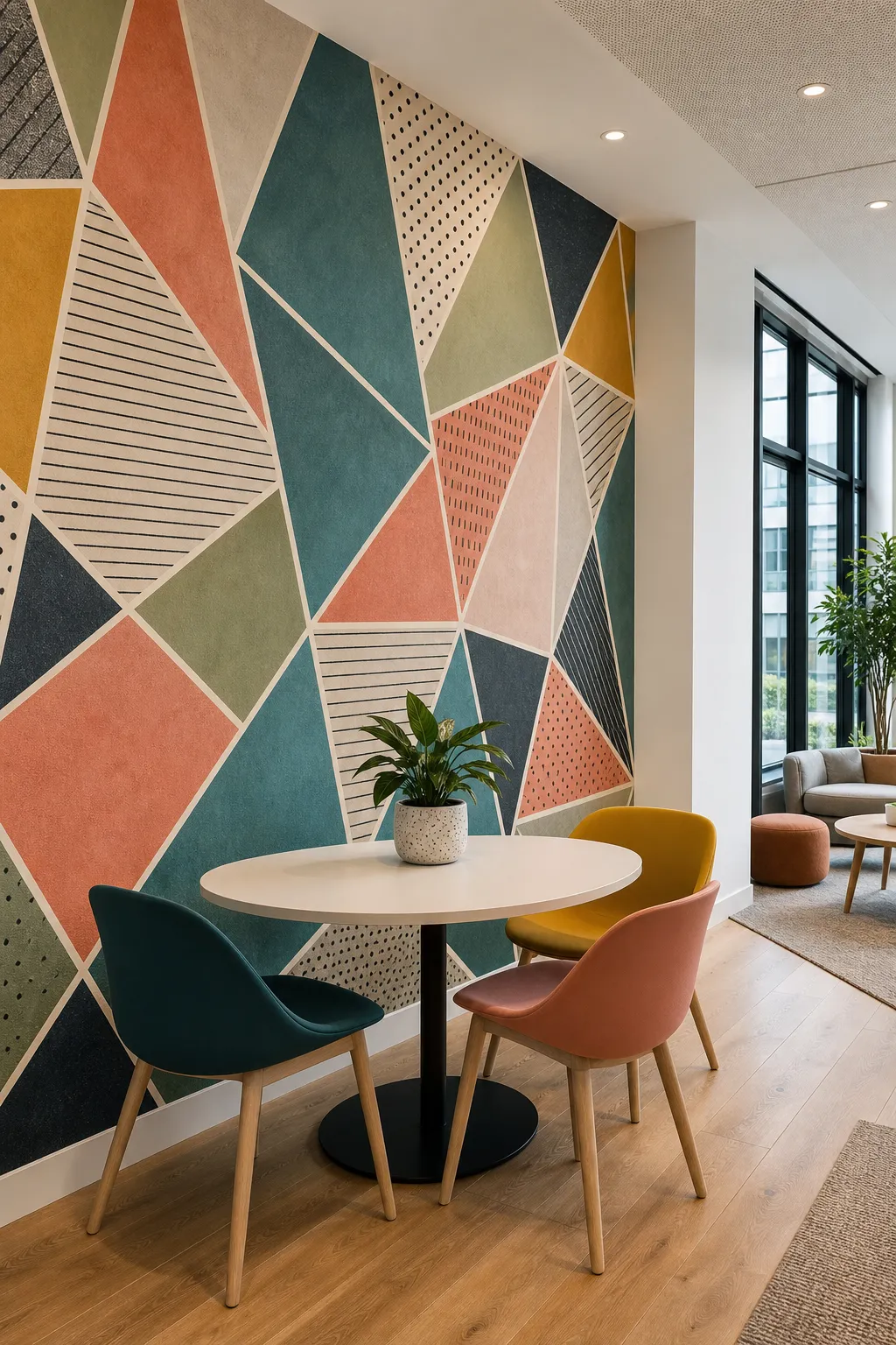 Compact office nook decorated with a colorful geometric triangle pattern