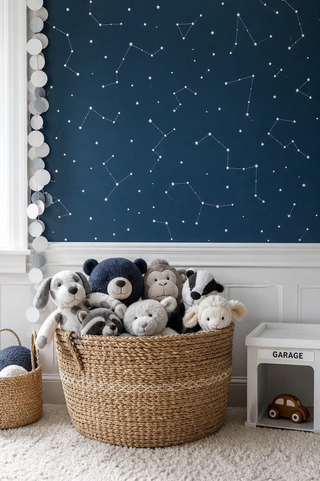 Child’s bedroom with colorful constellation artwork and playful star motifs