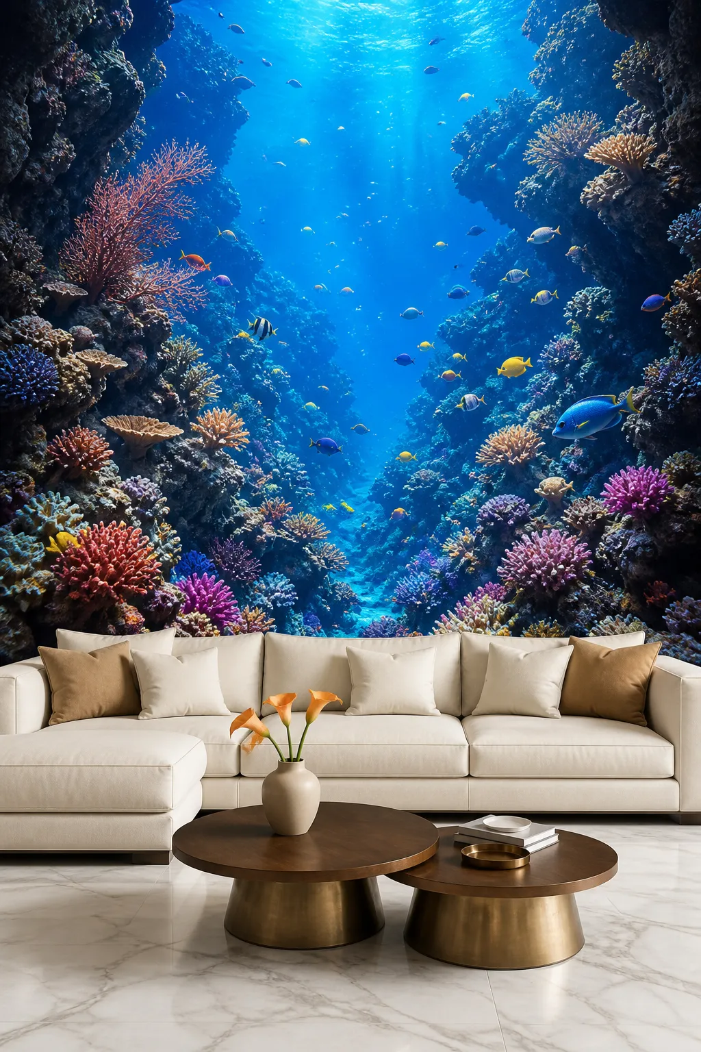 Living room transformed by a vibrant underwater coral reef mural