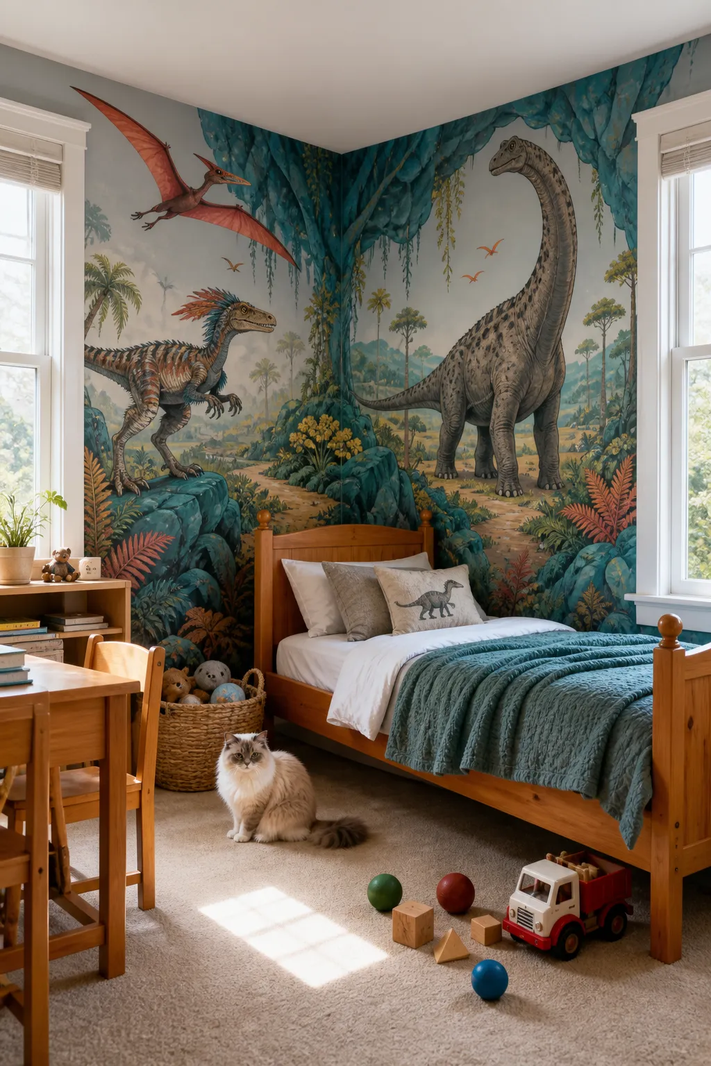Cozy kids bedroom corner wrapped with a dinosaur mural around the bed
