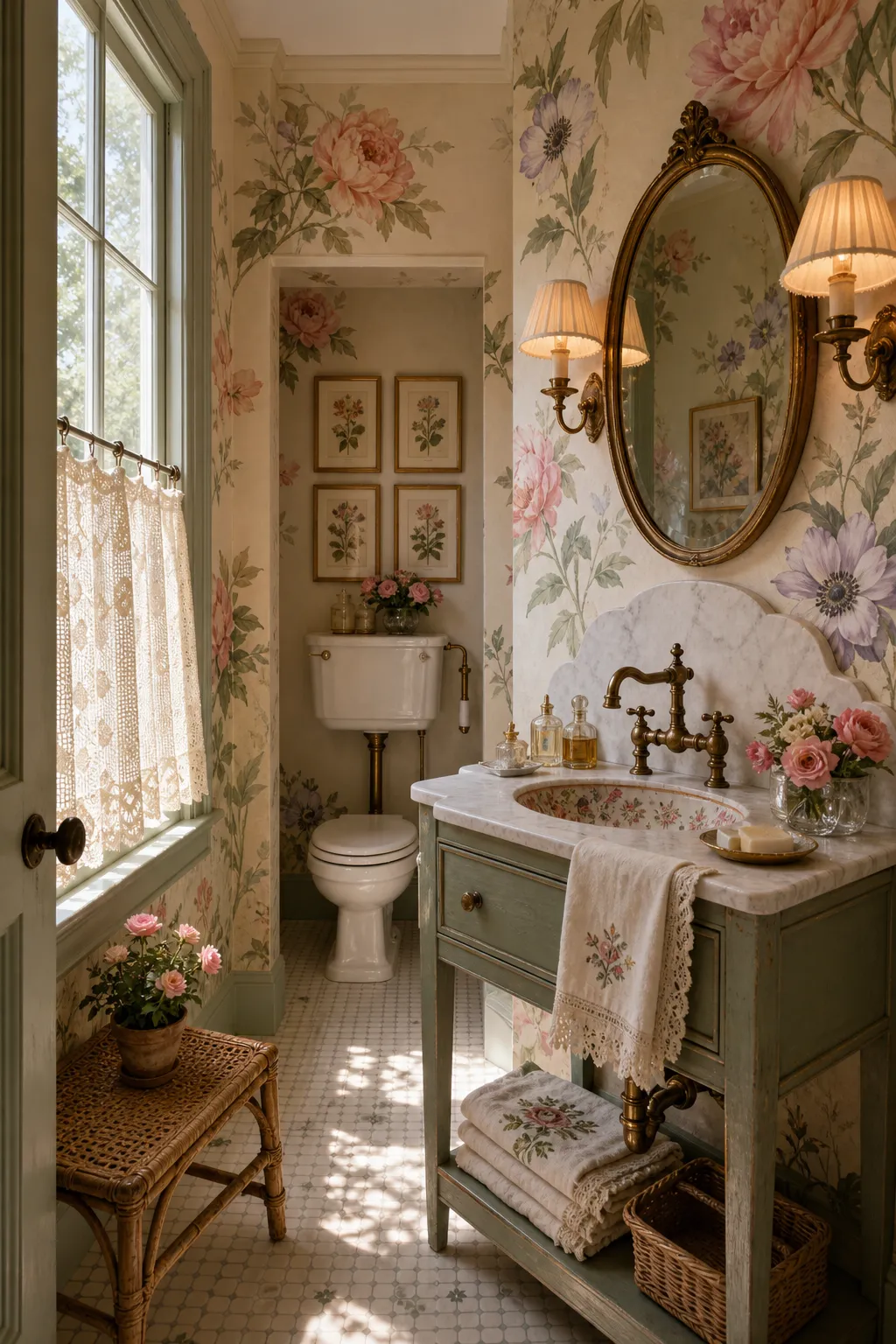 Classic bathroom with cheerful yellow cottage floral wallpaper and traditional details