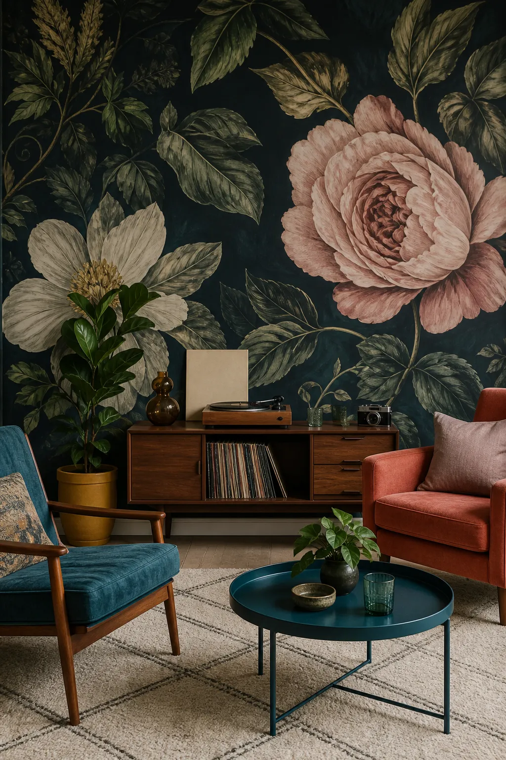 Moody living room featuring a dramatic mural of dark pink roses and deep botanical foliage