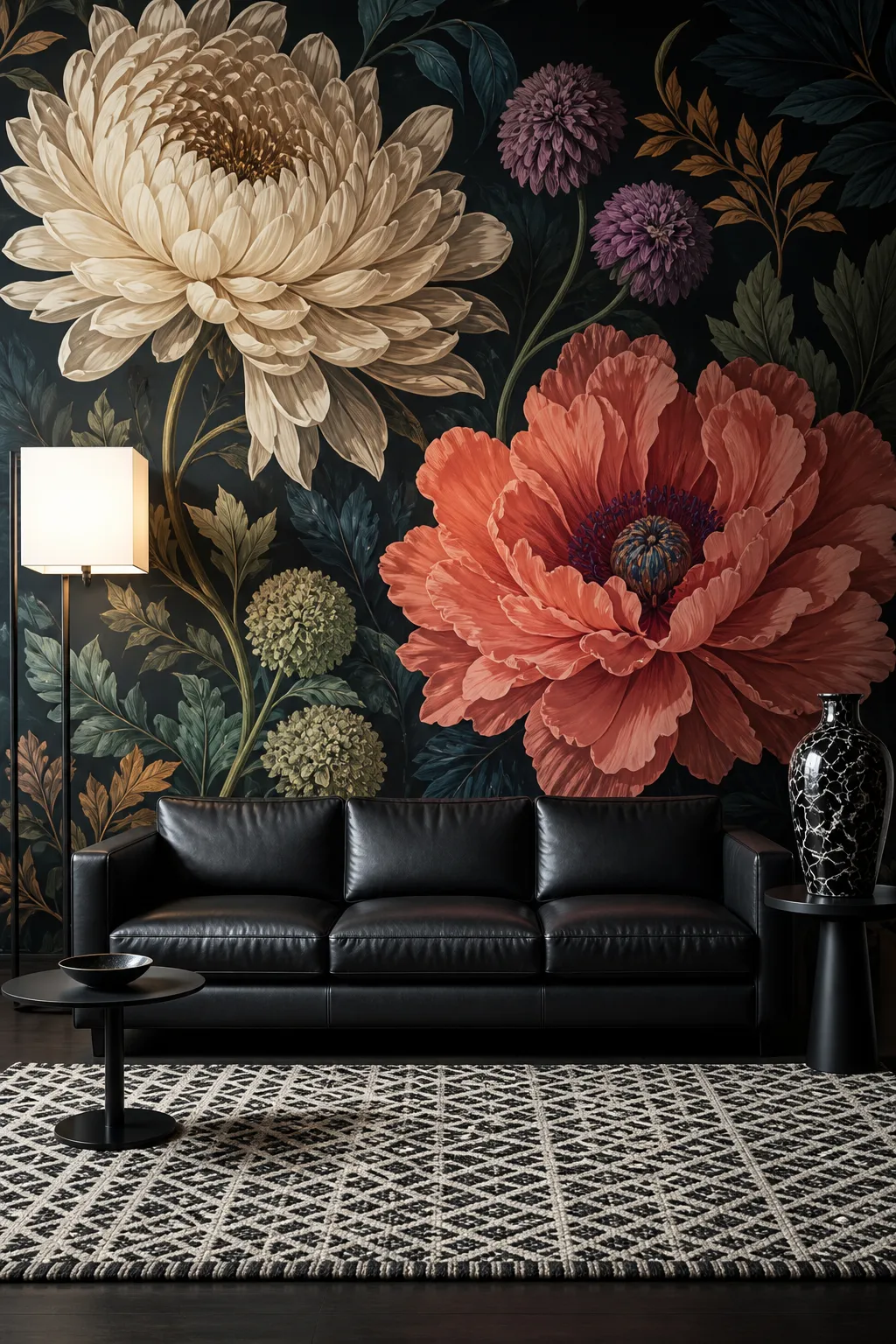 Modern living room with a black sofa set against a dark pink floral mural