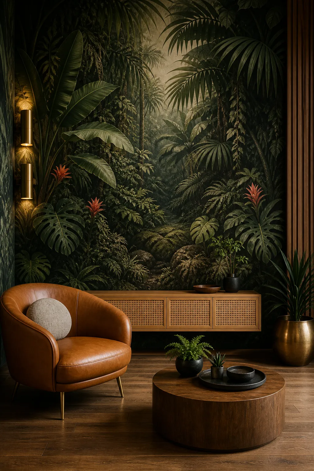 Moody lounge with a dark jungle palm mural, plush seating, and atmospheric lighting