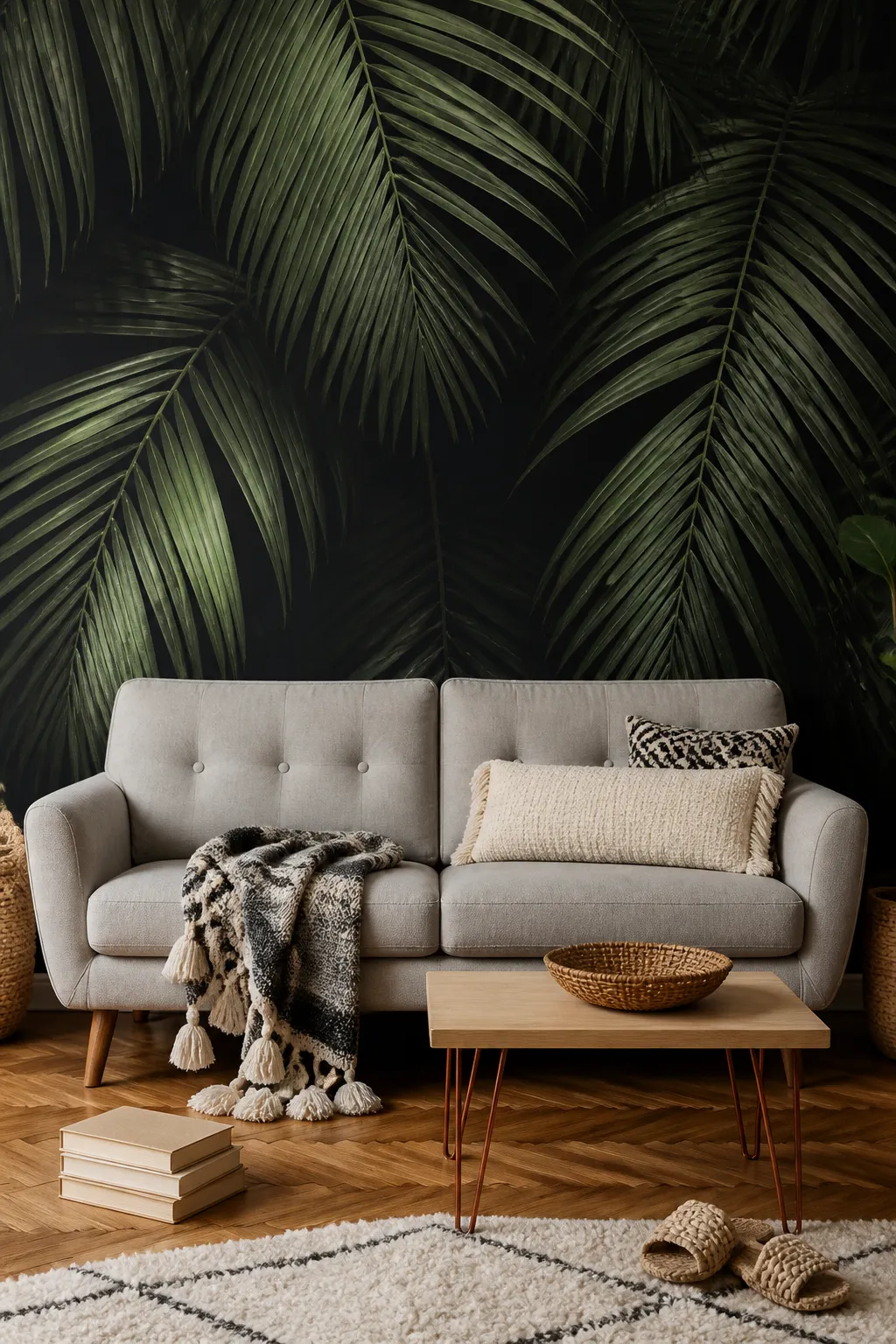 Neutral boho living room grounded by a dark palm mural and woven furnishings