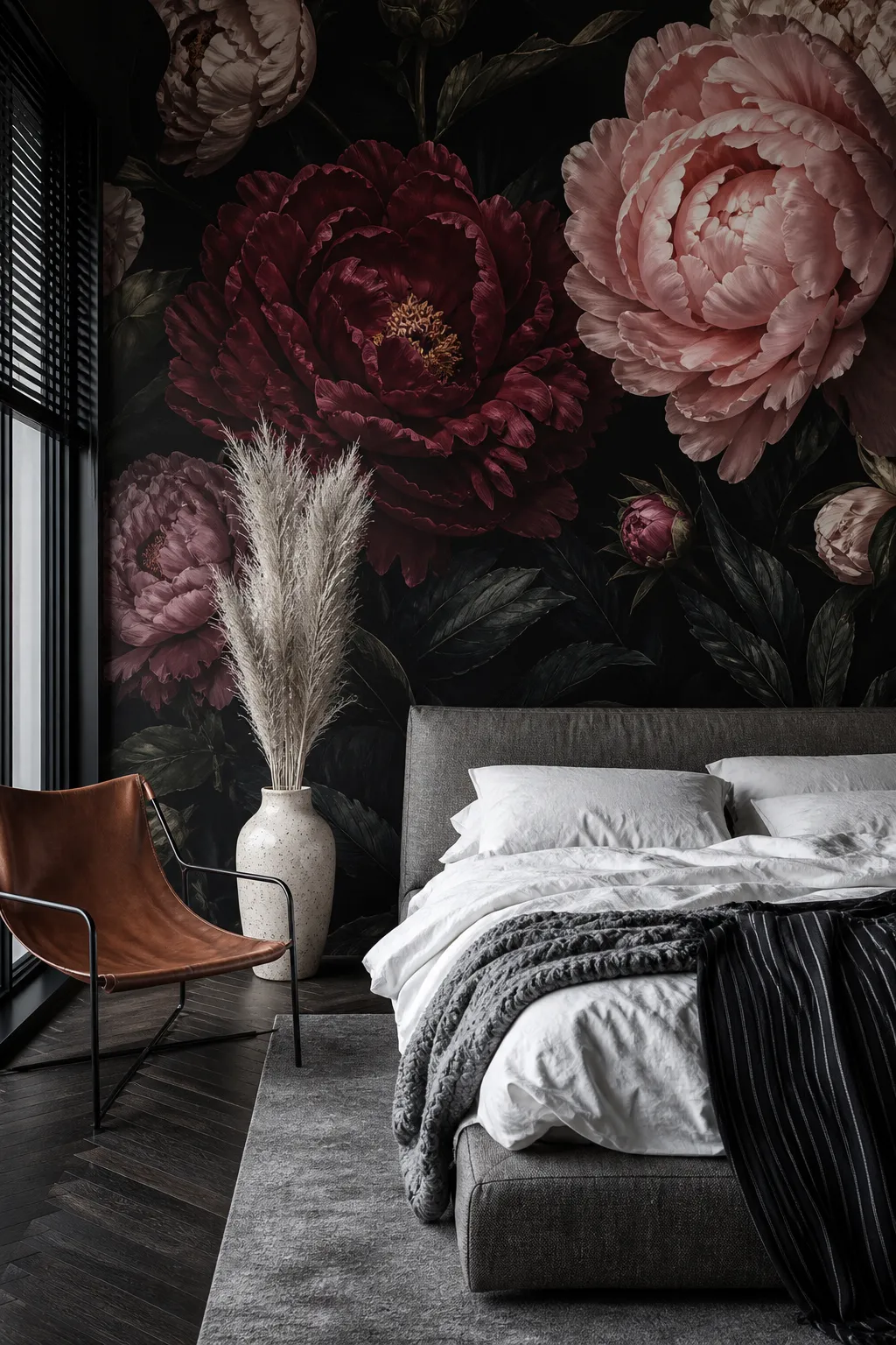 Modern bedroom anchored by a dramatic mural of dark pink peonies