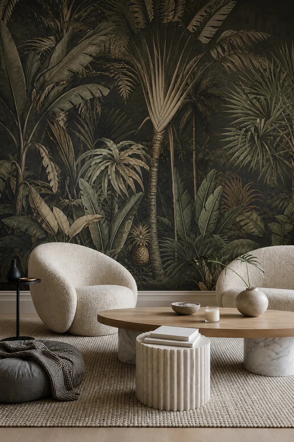 Luxury living room with a dark tropical palm mural, velvet seating, and warm metallic accents