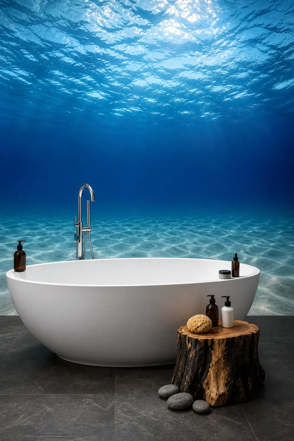 Spa-like bathroom featuring a deep blue underwater wall scene