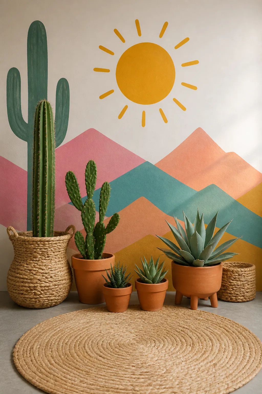Indoor plant corner with a colorful cactus and desert sunset mural