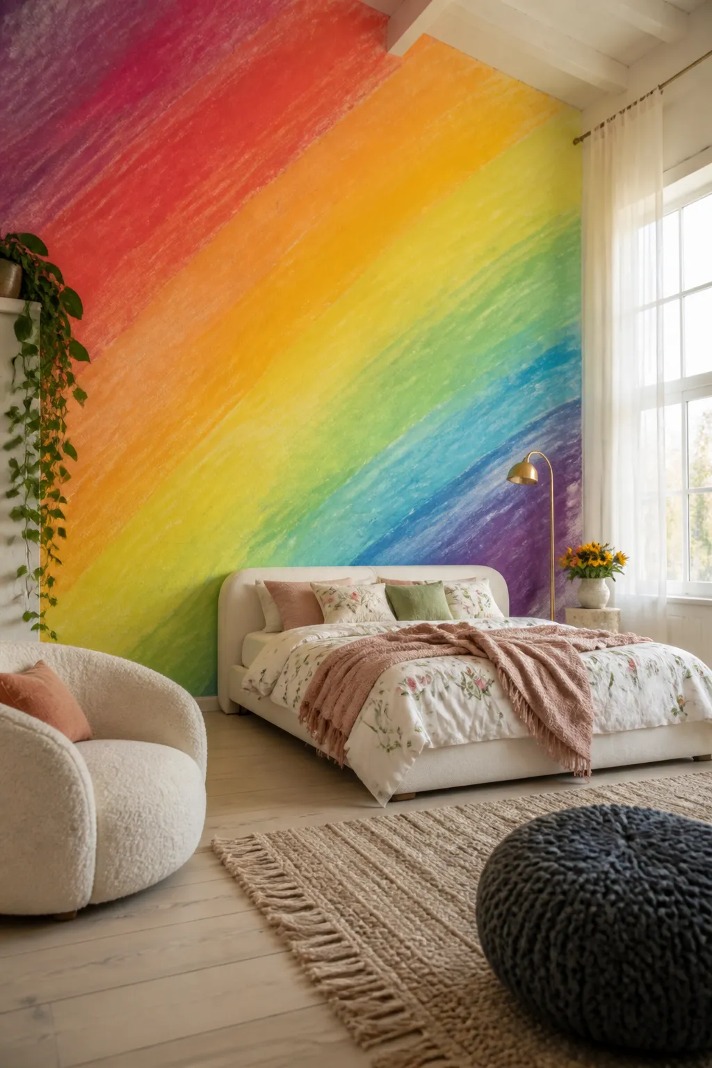 Colorful bedroom with bold rainbow stripes sweeping diagonally across the wall