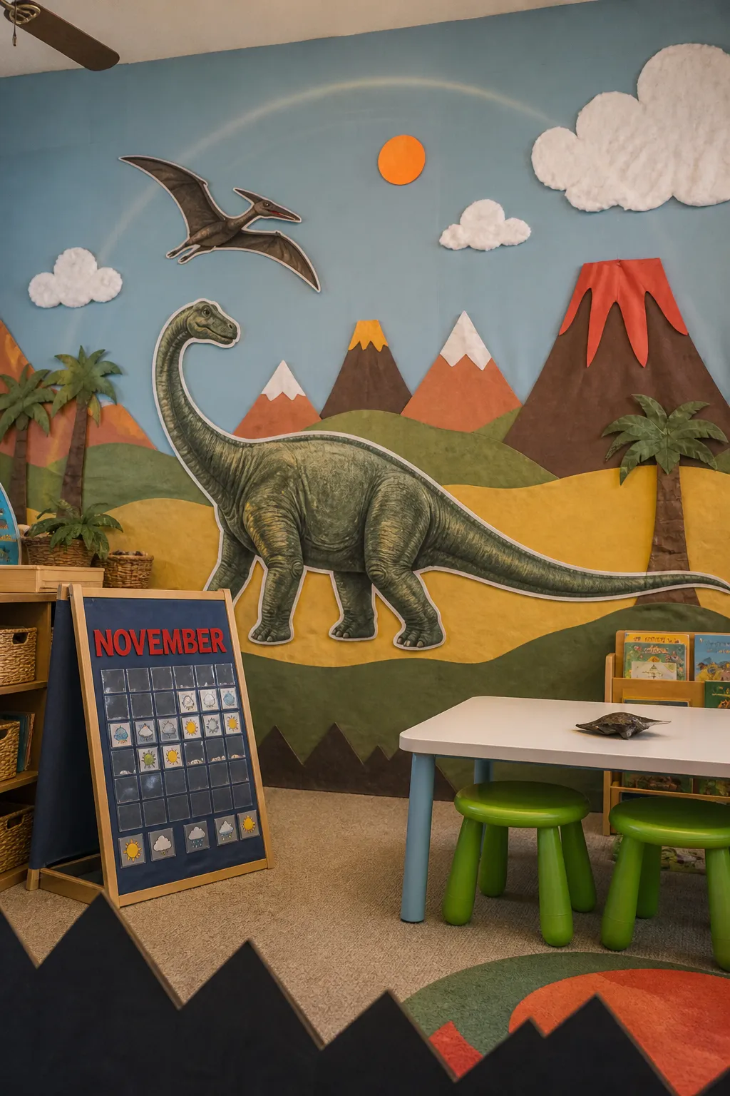 Playful preschool room featuring a colorful dinosaur scene across the wall
