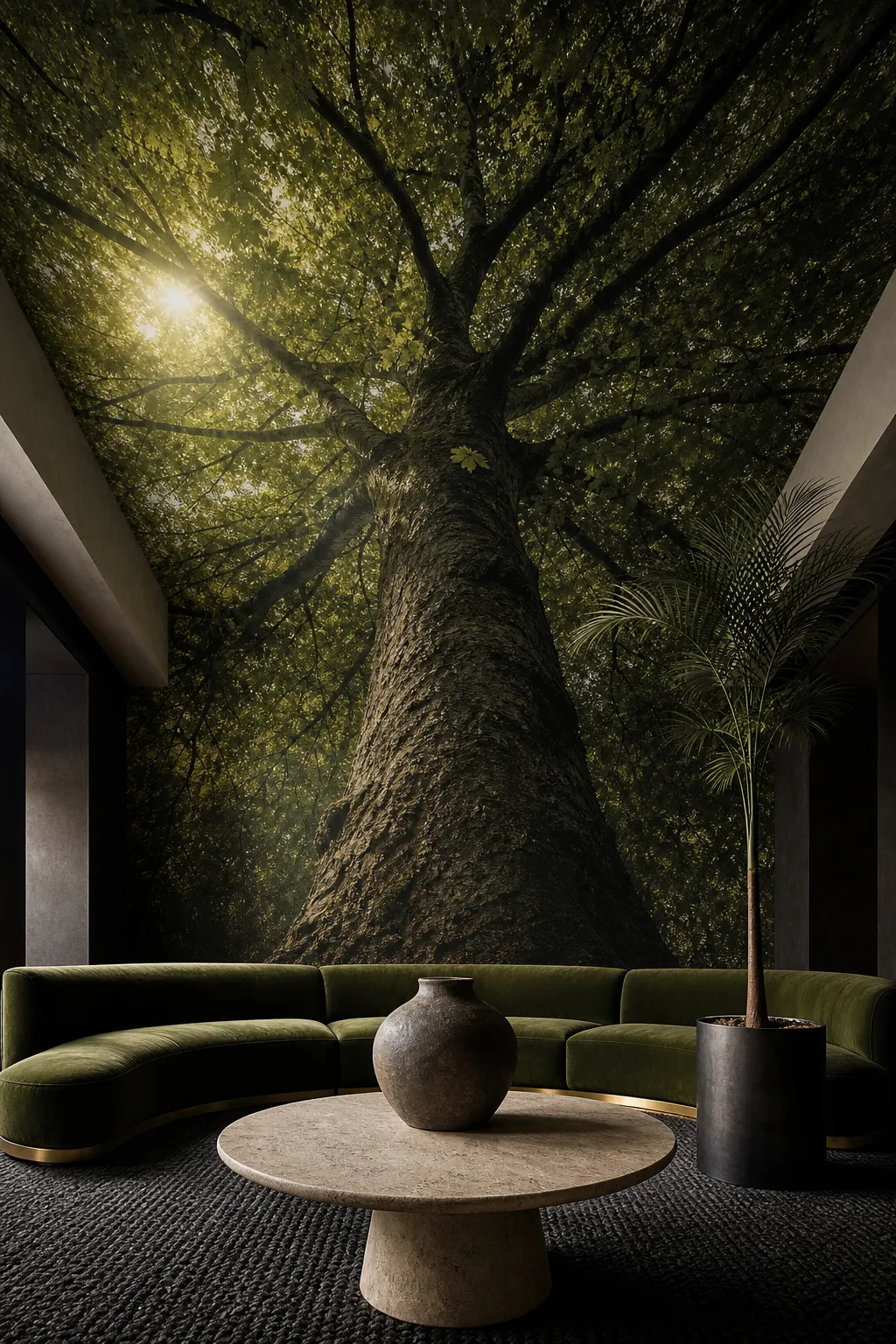 Modern lounge with a dramatic sweeping tree canopy across the feature wall