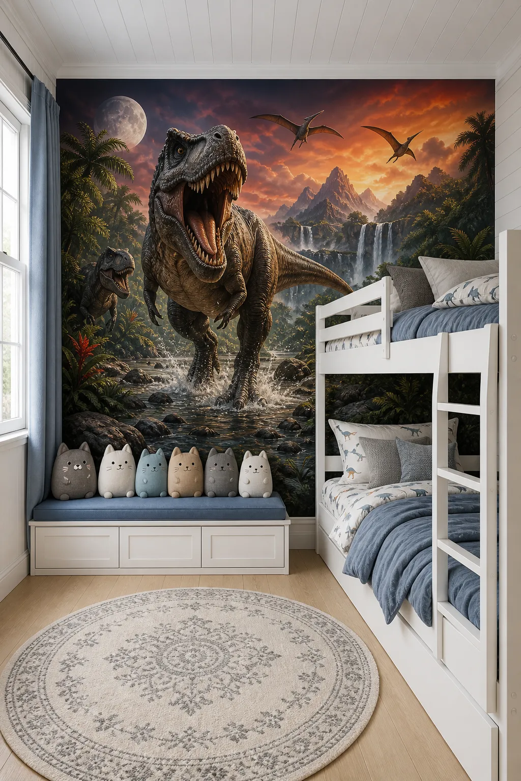 Bunk-bed bedroom featuring a dramatic roaring T. Rex wall mural