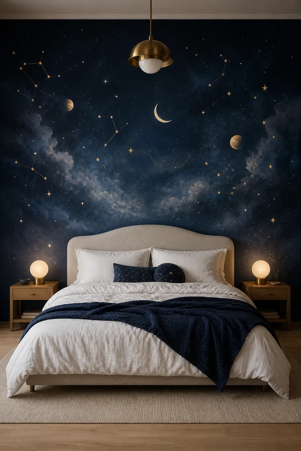 Bedroom with a constellation-filled night sky extending above the bed