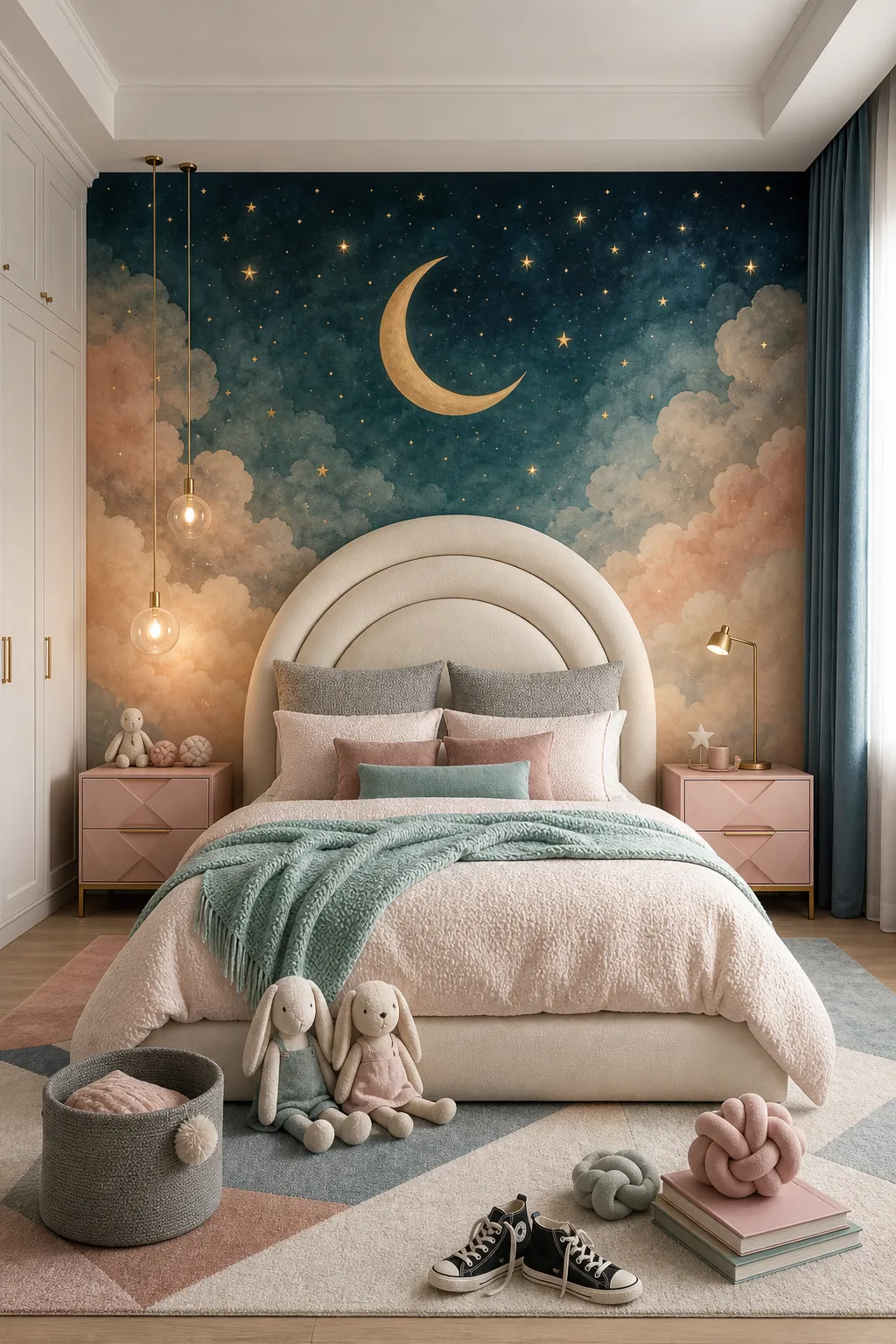 Bedroom enveloped by a mural of dreamy clouds glowing in moonlight