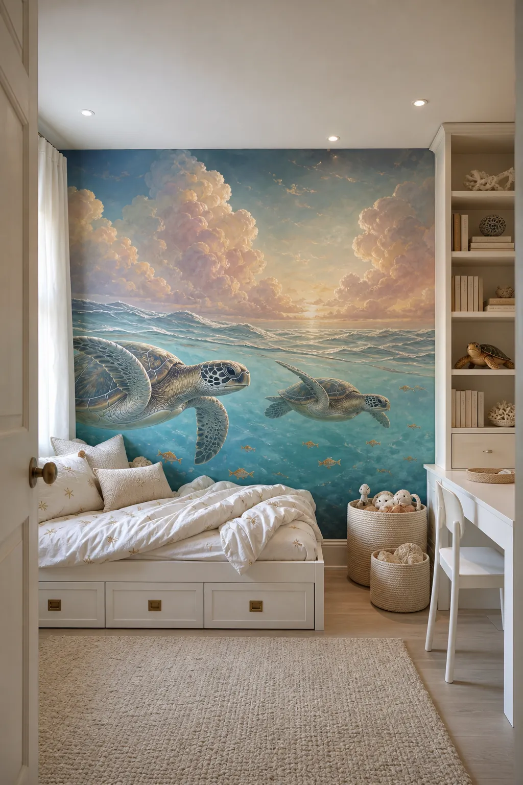 Peaceful kids room with a dreamy sea turtle mural in soft blue tones