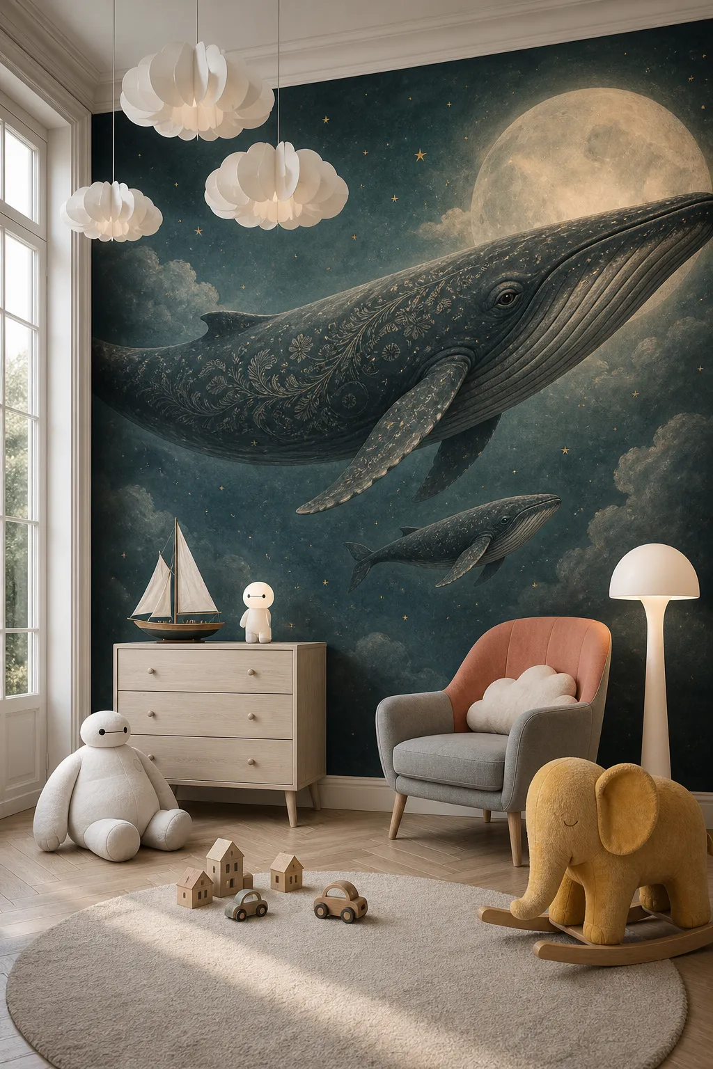 Dreamy nursery mural showing a whale floating beneath the moon and stars